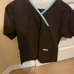 Smart Scrubs Dark Brown Top with Light Blue Accent